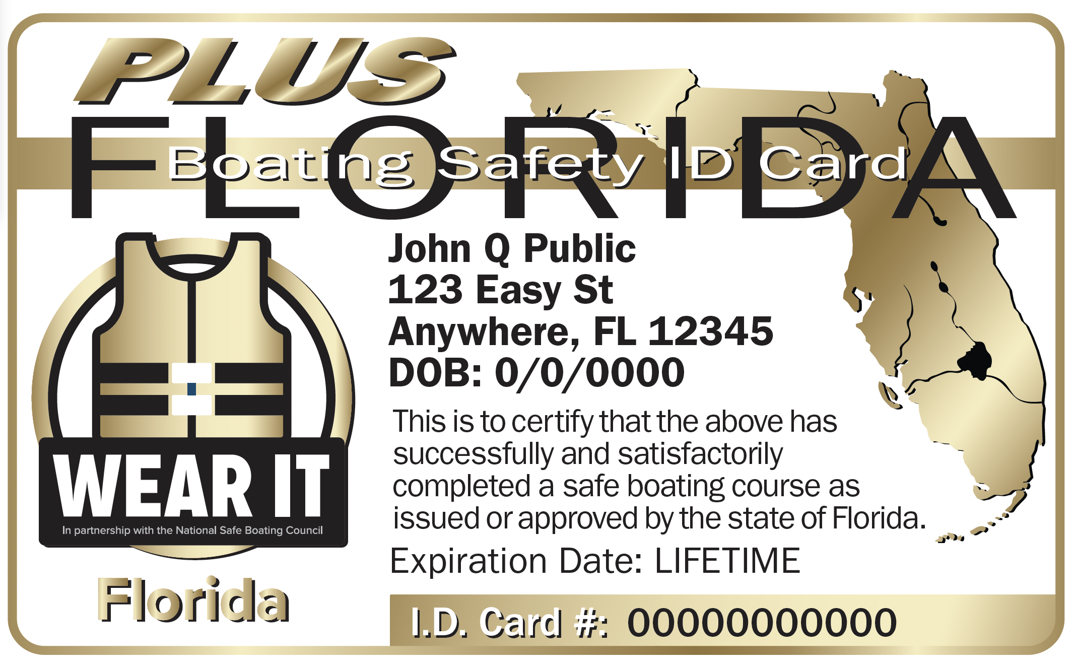 Example Florida Gold / PLUS Boating Safety ID Card
